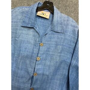 100% Hemp Dancing Ladies Blue Button Front Shirt Embroidered High Low Hem Top